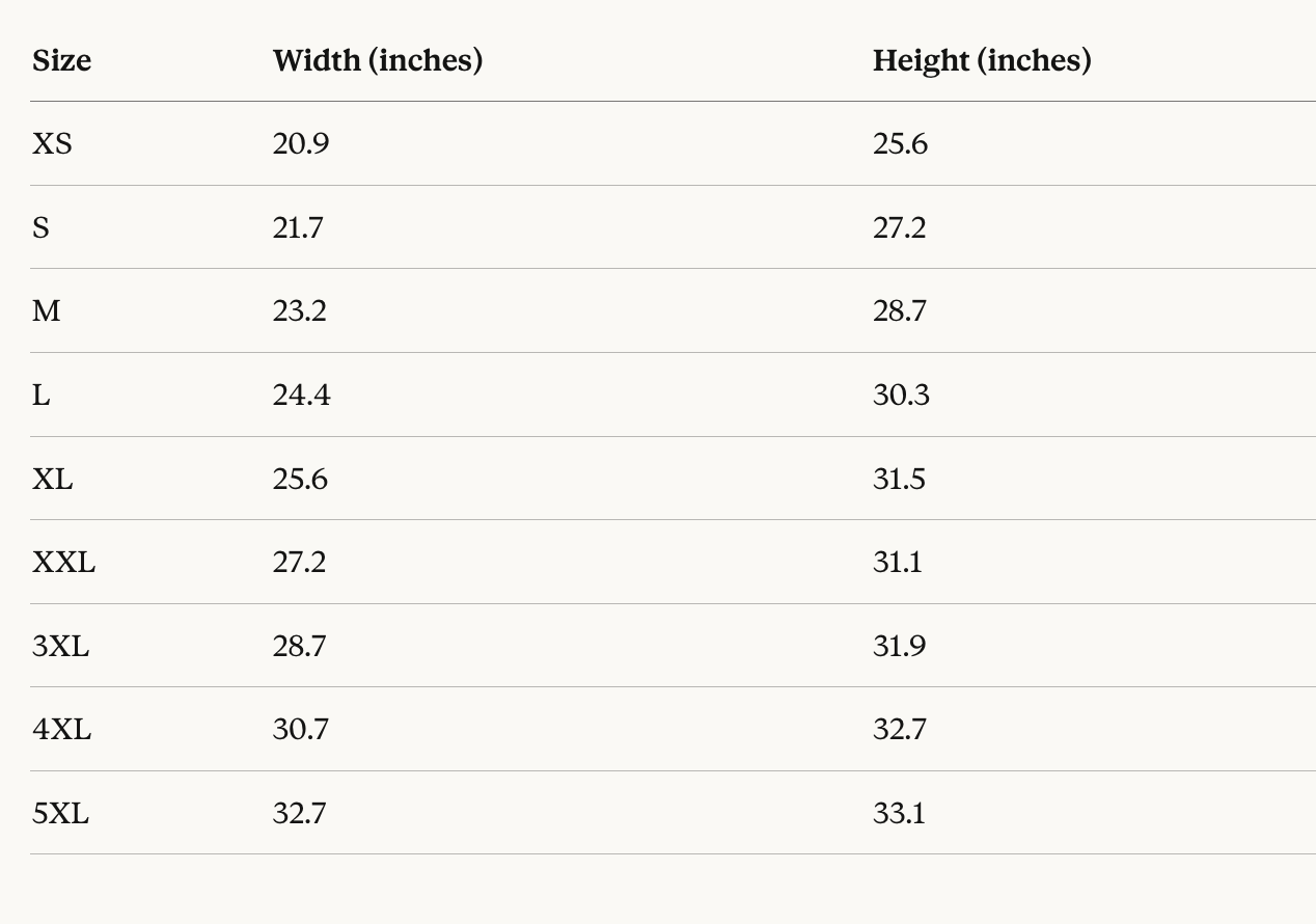 Table showing size chart with width and height measurements in inches